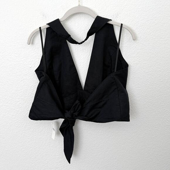 [Anthropologie] Black Linen Blend Retro V-Neck Halter Crop Tank NWT Size Large L - Picture 2 of 9